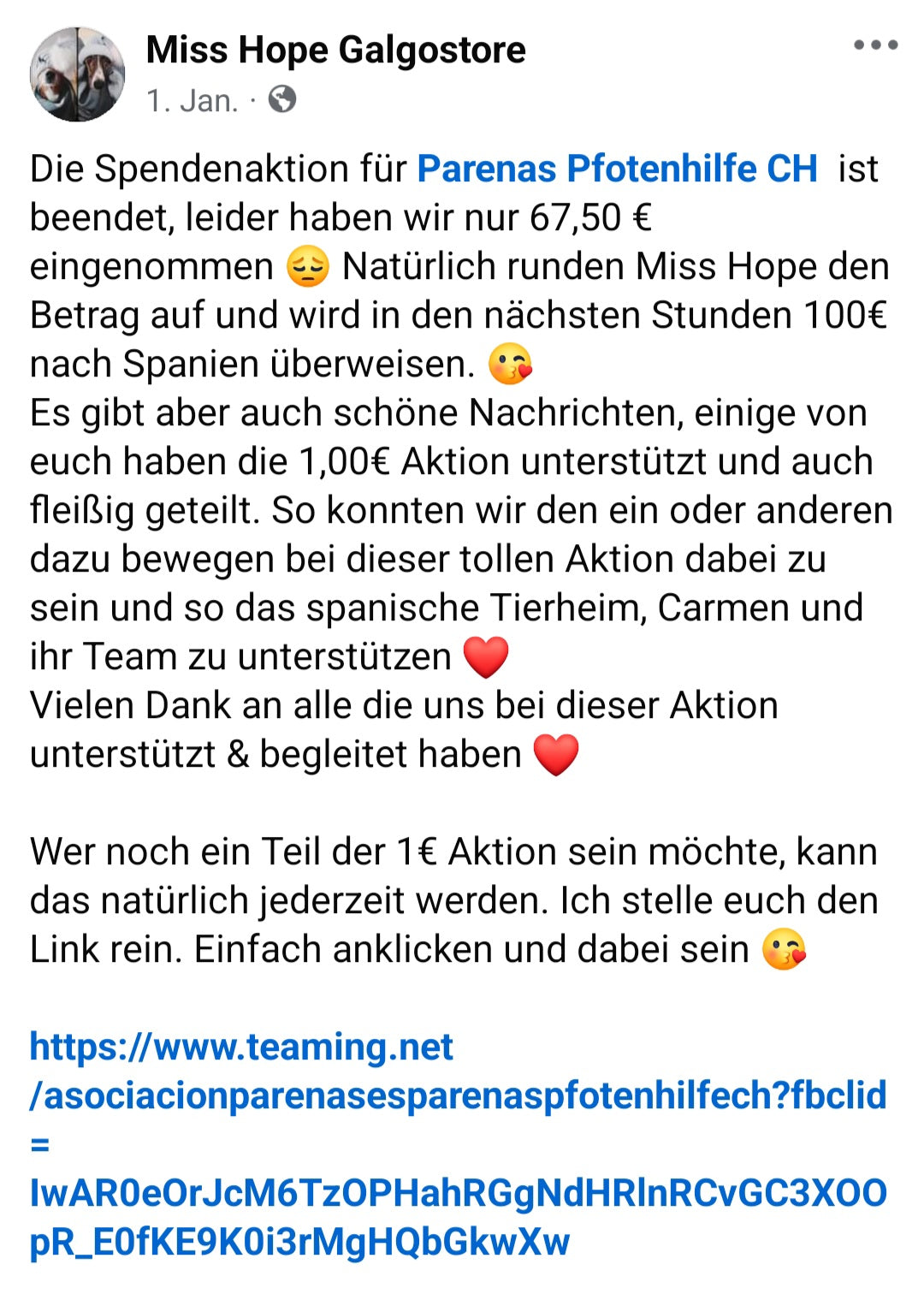 Weihnachtsspendenaktion Parenas Pfotenhilfe CH 2023